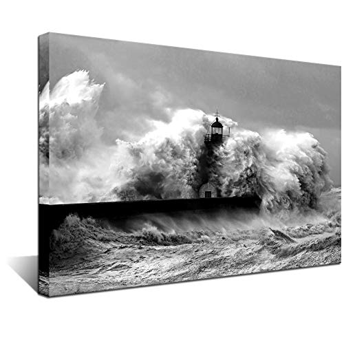 Biuteawal - Black and White Wall Art Lighthouse in The Storm Canvas Print Ocean Wave Picture Painting for Home Office Living Room Decoration Gallery Wrapped Ready to Hang