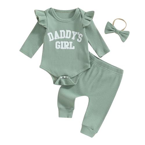 Image of Tsnbre Newborn Baby Girl Outfits Daddys Girls Ruffle Long Sleeve Romper Top Pants Headband Infant Fall Winter Clothes