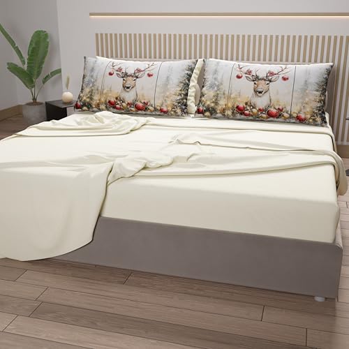 PETTI Artigiani Italiani - Lenzuola in Cotone con Federe in Stampa Digitale di Natale, Lenzuola Natalizie Una Piazza, Completo Letto Singolo Natalizio, Renna Panna, 100% Made in Italy - Immagine 3