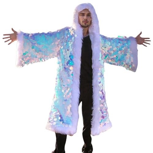 Gefomuofe Men's Metallic Sequins Baseball Bomber Jacket LED Sequins Jacket Carnival Performance Costume 70s Disco Party Costume, White, 3XL steampunk buy now online