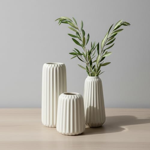 Image of PUREZENTO 'Flute Ribbed' White Ceramic Vase - Set of 3 | Decorative Flower Vase for Modern Home Decor, Living Room, Bedroom, Table & Shelf | Vases for Pampas Grass, Fresh, Dried & Artificial Flowers