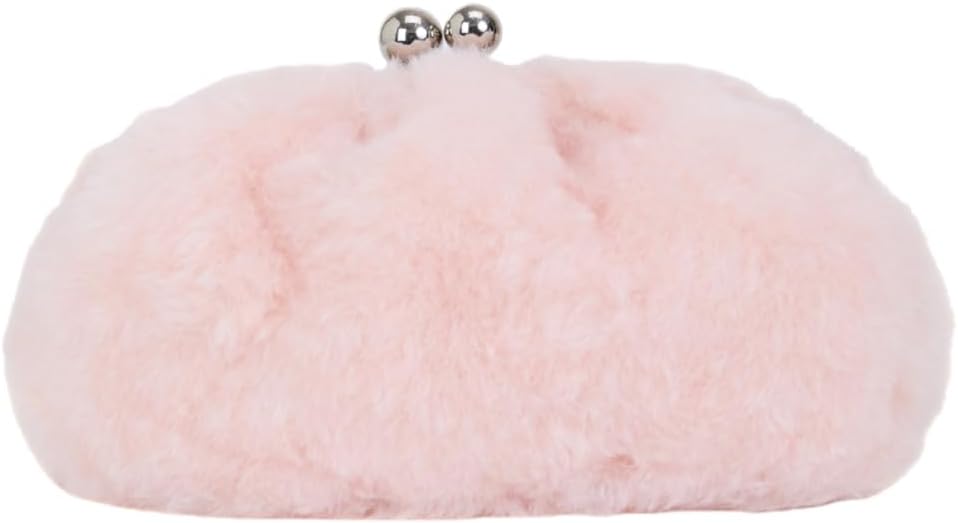Women Faux Fur Clutch Pouch Bag, Silver Metal Frame Clasp, Winter Warm Bag with Crossbody Chain