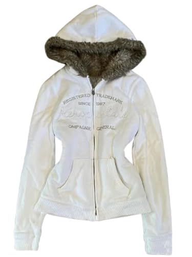 RONICY Y2K Zip Up Hoodie Striped Hoodie for Women Long Sleeve Fur Patchwork Sweatshirt Aesthetic Causal Streetwear (B-white,Small)