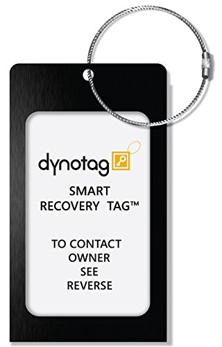 Dynotag Web Enabled Smart Aluminum Convertible Luggage ID Tag + Braided Steel Loop, with DynoIQ & Lifetime Recovery Service (Midnight Black)