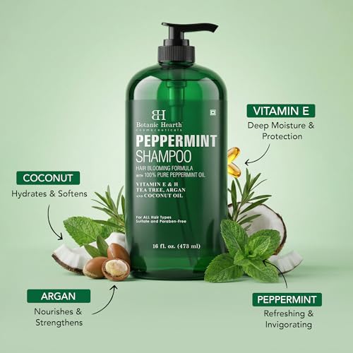 Image of Botanic Hearth Peppermint Oil Shampoo | Hair Blooming Formula With Keratin For Thinning Hair | Fights Hair Loss, | Sulfate Free For Men And Women | 16 Fl Oz