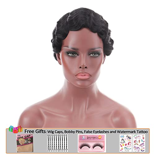 Bybrana Hair Short Finger Wavy Wig Curly Black Cute Nuna Wig Real Retro African Black Wigs For Women Mommy Wig Is Looks Natural (1B Black) #TOP1
