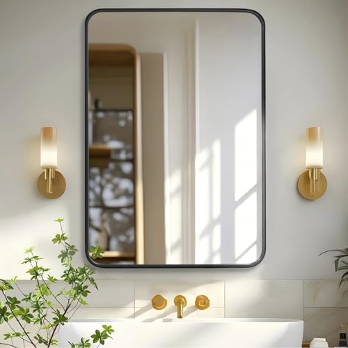 Bathroom Mirror, Vanity Mirrors for Over Sink Wall, 24x36 Inch Large with Rounded Rectangle Metal Frame, Modern Decorative for Restroom, Farmhouse, Horizontally or Vertically Hanging