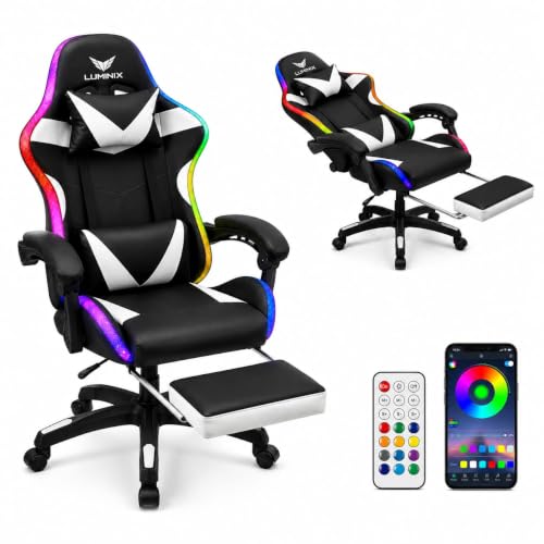 Cadeira Gamer Luminix LED RGB Reclinável Apoio Pés | Apoio para os Pés Retrátil, Reclinação até 135°, Suporta até 130 kg, Base Metálica, Controle Remoto