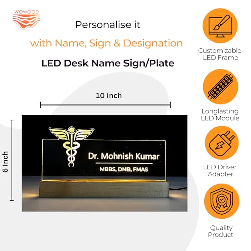 Image of Wood, Acrylic Customized LED Name Plate for Office Desk Table Name Signage Birthday Gift For Doctor Medical Professionals Surgeon Pediatrician Pharmacist Size (10 x 6 inch) (For Doctor), Clear