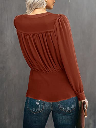 Women V Neck Blouse Ruffle Chiffon Long Sleeve High Waisted Shirts Tops Brick Red #TOP2