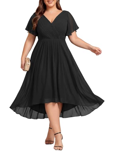 Image of Ever-Pretty Plus Summer Short Sleeves V-Neck Formal Wedding Guest Dresses for Curvy Women Chiffon Midi Cocktail Party Dress