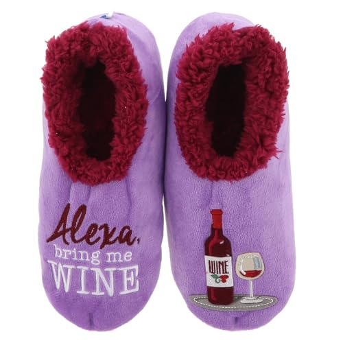 Image of Snoozies! Pairables Super Soft Sherpa Fleece Womens Slippers With Non Slip Sole Wine, Chocolate & More Designs (Alexa Bring Me Wine, Large)