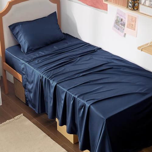 Image of Bedsure PureWoven 100% Rayon Derived from Bamboo, Twin XL Sheets, 3 Pieces | Cooling Sheets for Hot Sleepers, Breathable & Silky Soft, 16 inch Deep Pocket, Hotel Luxury Bedding, Navy