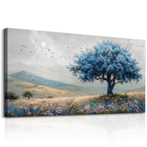 KELIYUAN Large Farmhouse Wall Decor For Living Room Frame Wall Art For Bedroom Office Decoration Field Scenery Wall Painting Blue Trees Artwork canva Pictures Modern Aesthetics Home Decor 30x60In