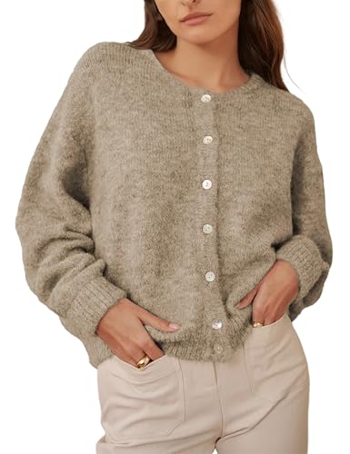 Image of Ynhonra Womens Cardigan Sweater Front Button Loose Y2k Long Sleeve Crewneck | Lightweight Knit Ribbed Hem
