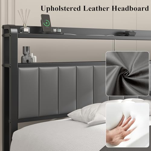 Image of King Size Platform Bed Frame with Storage Headboard, Star Projector, Grey | Charging Station, Heavy-Duty Metal Slats, PU Leather Upholstered Platform, Storage Ottoman, Noise-Free, No Box Spring Needed