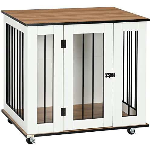 PawHut Dog Crate Furniture, Dog Cage End Table with Wheels, Lockable Door, for Medium Dogs, 80 x 60 x 76.5 cm - White