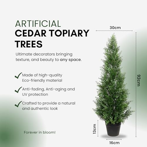 3ft Artificial Cedar Tree – Outdoor Cedar Tree for Porch, Garden or Patio – UV Resistant Faux Cedar Trees for Outdoor Planters – Faux Cedar Topiary Plants for Planters & Home Decor (2 Pack) - Image 3