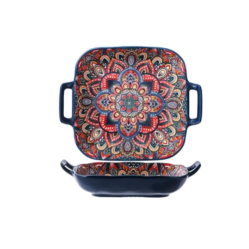 Bohemian Ceramic Plate with Handles, Fruit Plate Colorful Ceramic Serving Platter, Square Dinner Plate, Retro Colorful Salad Dish(Style B)