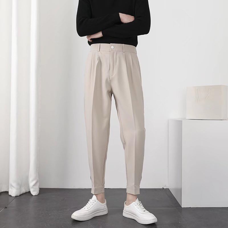 Men Casual Pants Elastic Waist Small Feet Slim Korean Style Pleated Tapered Male Blazer Trousers Streetwear4