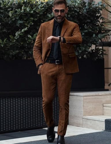 Mens Corduroy Suit 2 Piece Slim Fit British-Style Suits Two Button Business Casual Suit for Prom Wedding2