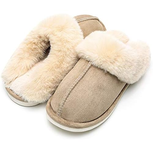 Epsion Womens Winter Warm Slipper Faux Fur Fluffy Slip-On House Slippers Suede Plush Lined/Anti-Skid Sole Indoor Outdoor