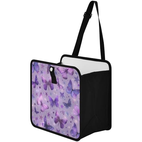 Image of Car Trash Can Organizer Bin with Adjustable Strap for Back Front Seat Console Waterproof Leakproof Collapsible Portable 8.66 Inch Purple Dreamy Butterflies and Stars
