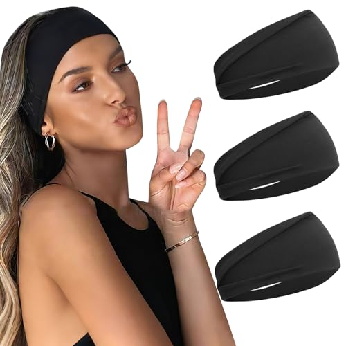 Jidsouy Black Headbands for Women Non Slip 3PCS Wide Headbands for women Hair Accessories Securing Hair Elastic Headband for Daily
