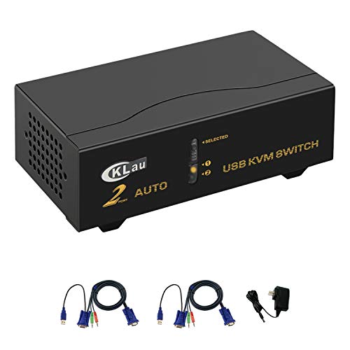 CKLau 2 Port USB KVM Switch VGA with Audio and 2 Kit Cables