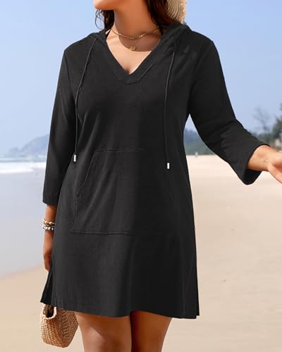 Daci Plus Size Women Terry Cloth Swimsuit Cover Up Long Sleeve Beach Bathing Suit Coverup Hooded Cotton Swim with Pockets4