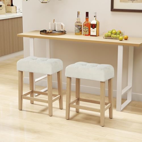 Image of GIANTEX Sherpa Bar Stools Set of 2, 24 inch Counter Height Bar Chairs | Upholstered Counter Height Backless Bar Chairs with Footrest and Wood Legs for Kitchen Island, Dining Room, Cafe