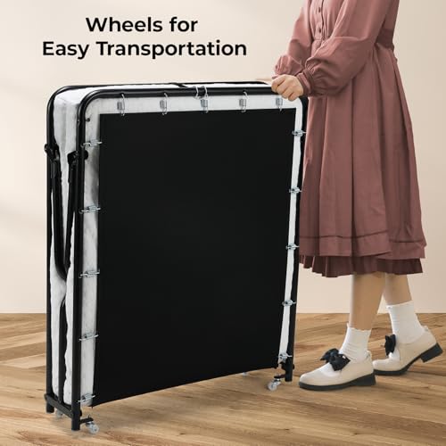 MAMIZO Folding Bed with Wheels, Rollaway with Mattress for Adults, Portable Metal Frame with Memory Foam, Guest for Bedroom, Office, Camp, No Assembly, 75\"x35\"