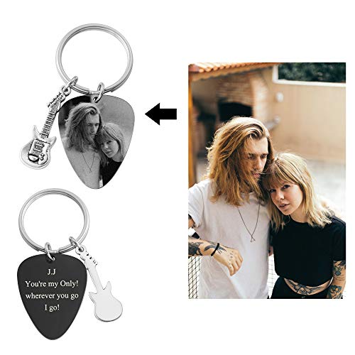 Personalized Master Custom Photo keychain Pendant Free Engraving Stainless Steel Guitar Pick Keychain Key Ring for Dad Husband Boyfriend Musician Guitarist Gift
