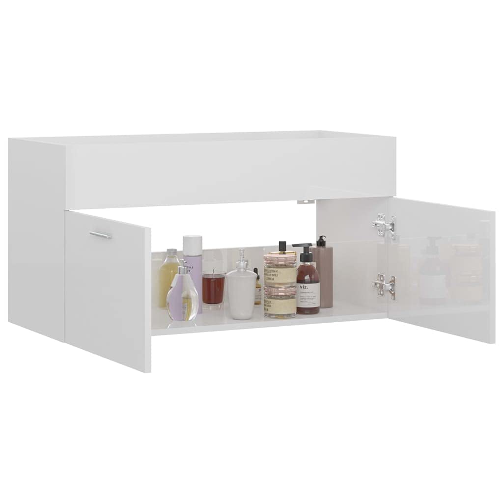 Armadietto per lavabo montato a parete, in truciolato bianco lucido, 90 x 38,5 x 46 cm