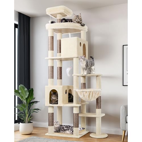 Globlazer Kratzbaum Beige Groß XXL hoch 213 cm mit 2 Große Katzenhaus, Plattform, Sitzstangen, Korb, 9 Sisal Kratzsäulen, Luxus Katzenbaum Stabil über 2 Meter für Mehrere Große Katzen (F83, Beige)