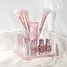 mDesign Plastic Makeup Storage Organizer with 6 Sections for Bathroom Countertops, Vanities to Hold Cosmetic Brushes, Lip Pencils, Gloss, Eye Shadow Palettes, Foundation Pens - Clear/Rose Gold