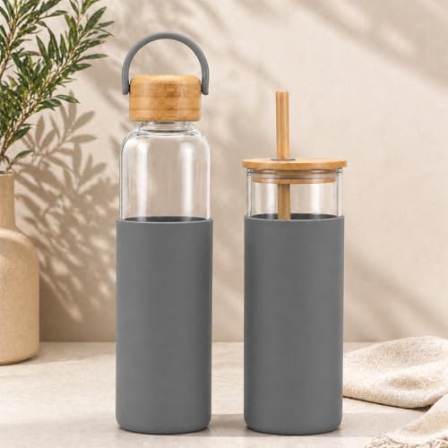 Image of Giftana Personalized Borosilicate Glass Water Bottle 500ml with Glass Sipper Tumbler 450ml, Reusable Leakproof Drinking Bottle with Silicone Sleeve, Eco-Friendly Bottle for Office Gym Travel (Grey)