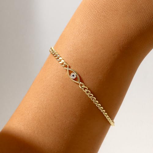 MIDEEO Gold/Sliver Bracelets for Women,14K Gold Plated Bracelets for Women Evil Eye Diamond Cuban Link Heart Pearl Bracelets Everyday Jewelry Gift3