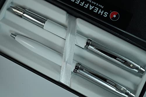 Sheaffer 100 Pearlescent Lightening white with Nickel appointments, Sheaffer Signature Mid Band and Dot of Excellence, Medium Point Fountain Pen and Ballpoint pen