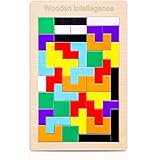 Tetris Holzpuzzle Spielzeug, Tetris Holz Tangram Kinder Pädagigisches Spiel bunt Holzpuzzles geometrisch Formen pädagogisches Spielzeug Holz mit Box Knobelspiel