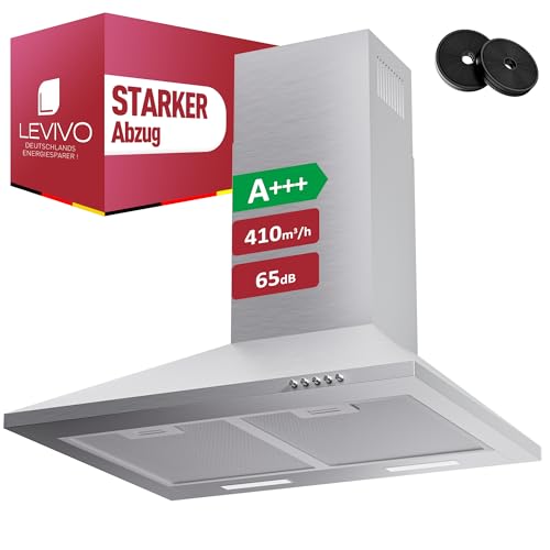 LEVIVO A+++ Dunstabzugshaube 60cm Umluft und Abluft mit 410 m³/h Luftleistung, Abzugshaube mit 2 Aktivkohlefiltern, 2 Fettfiltern, 3 Leistungsstufen, LED-Licht, Dunstabzug Wandhauben, Silber