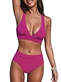 CUPSHE Damen Bikini Set V Ausschnitt High Waist Breite Träger Bademode Zweiteiliger Badeanzug Swimsuit Magentarot M