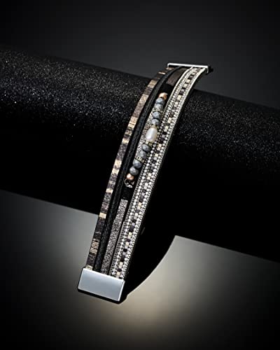 Leather Wrap Bracelet Boho Stackable Cuff Bracelets With Magnetic Clasp Accessories Jewelry Gifts For Women Teen Girls (Black(Elliptical Pearl)) #TOP4