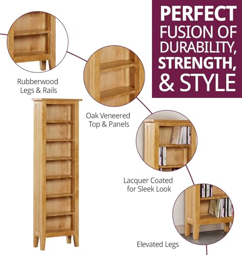 Hallowood Furniture Aston CD Storage Shelf Unit, 7-Tier Narrow CD Rack Tower, Solid Wooden Storage Unit for CDs, Books, Media, An Oak Furniture for Living Room, Bedroom & Office - Image 2