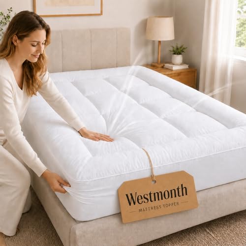 Westmonth Mattress Topper Premium Quilted 1000GSM Luxury Extra Thick Mattress Pad Breathable Fluffy Soft Pillow Top Bed Cover Deep Pocket Fits 8-21 Inch Mattresses (White Queen)