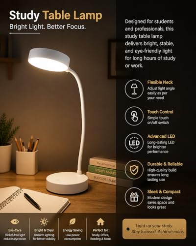 Image of Noble Sense 5W VION White LED Desk Light | 3-in-1 Study & Table Lamp | EyeComfort Technology | Adjustable Design | Energy Efficient for Study, Work & Reading | Pack of 1