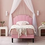 VECELO Twin Size Upholstered Platform Bed Frame with Tufted Adjustable Headboard/Mattress Foundation/Wood Slat Support,Easy Assembly,Pink