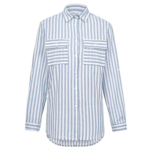 Womens Summer Fall Button Down Shirts 2022 Casual Trendy Long Sleeve Collared Striped Loose Cute Dressy Blouses Cute Tees Sky Blue, X-Large #TOP3