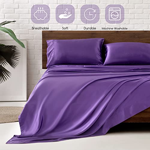 Image of MR&HM Satin Bed Sheets, King Size Sheets Set, 4 Pcs Silky Bedding Set with 15 Inches Deep Pocket for Mattress (King, Lavender)