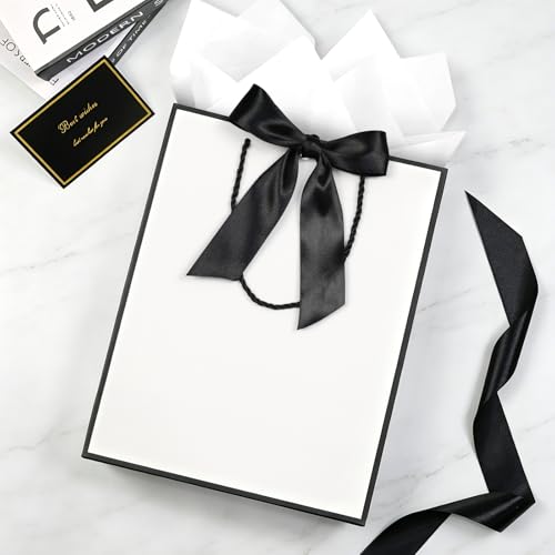 Image of JMANNI Gift Bag, 2PCS Gift Bags with Ribbon and 2 Greeting Cards 4 Tissue Paper, Portable Paper Gift Bag with Handles, Birthday Gift Bags,Present Bags for Wedding Party Mothers Day(Black)